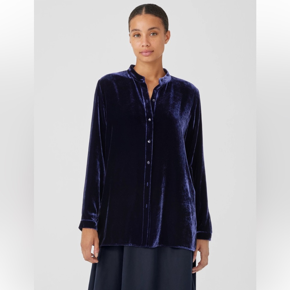 Eileen Fisher Blue Long Sleeve Mandarin Collar Blouse